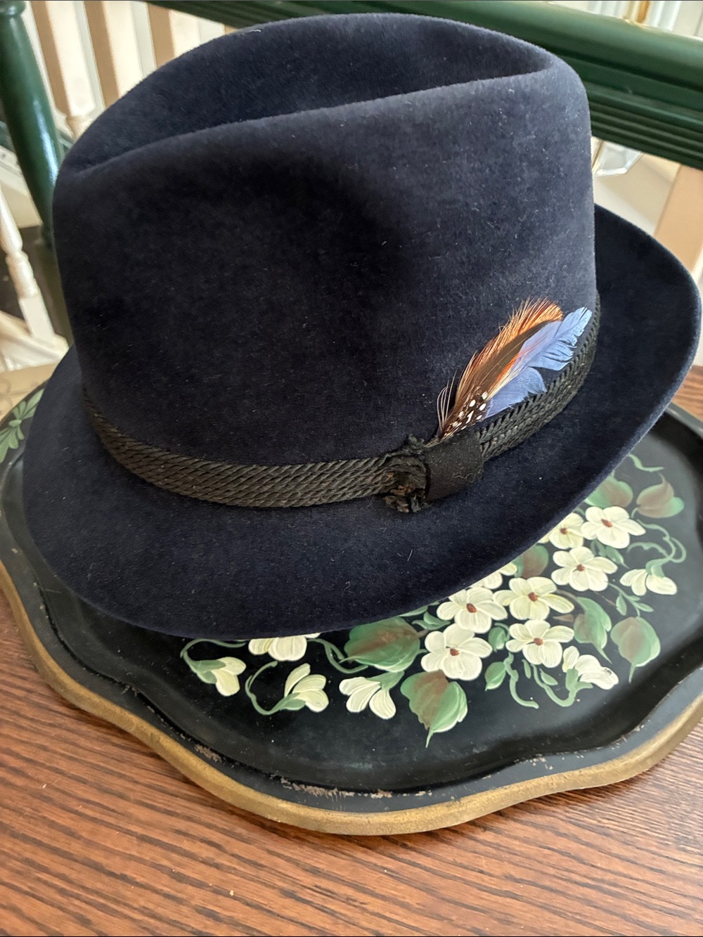 Churchill Navy Wool Felt Fedora with Feather Trim